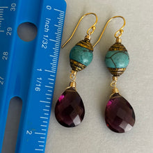 Load image into Gallery viewer, Natural Turquoise Artisan Dangles with Plum Quartz, OOAK