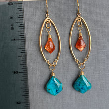 Load image into Gallery viewer, Chrysocolla and Sunstone Marquis Open Hoop Earrings, OOAK
