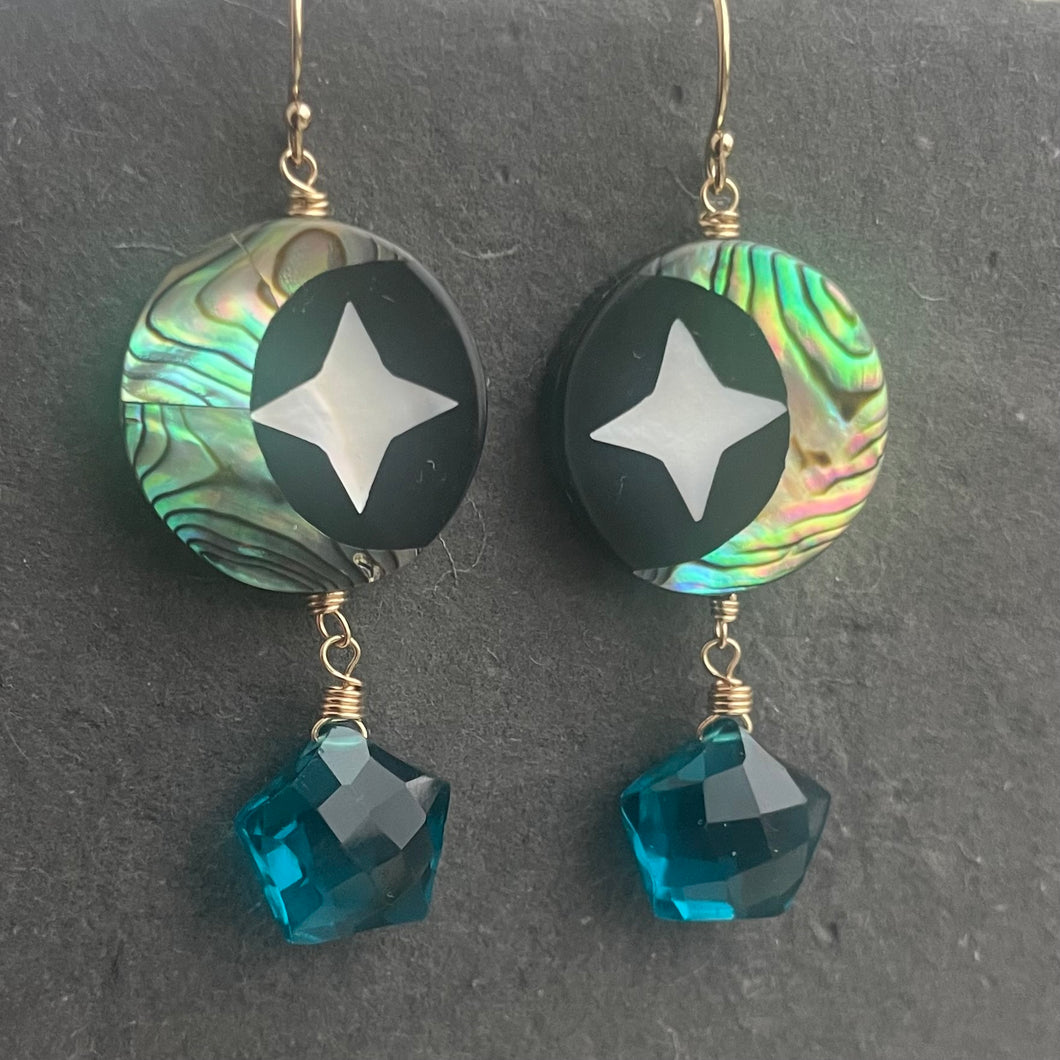 Mother of Pearl Moon and Stars Earrings, Teal Star OOAK
