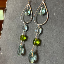 Load image into Gallery viewer, Sparkling Aquamarine Blues and Peridot Green Cushion Cut Hoop Earrings