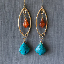 Load image into Gallery viewer, Chrysocolla and Sunstone Marquis Open Hoop Earrings, OOAK