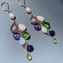 Load image into Gallery viewer, Pink Opal, Mystic Quartz, Amethyst, Peridot, Pearl and Quartz Cascade Cluster Earrings, metal and earwire options