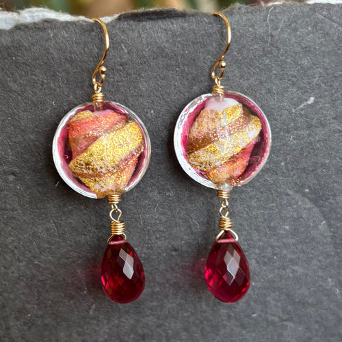 Watermelon and Gold Murano Glass and Quartz Dangle Earrings