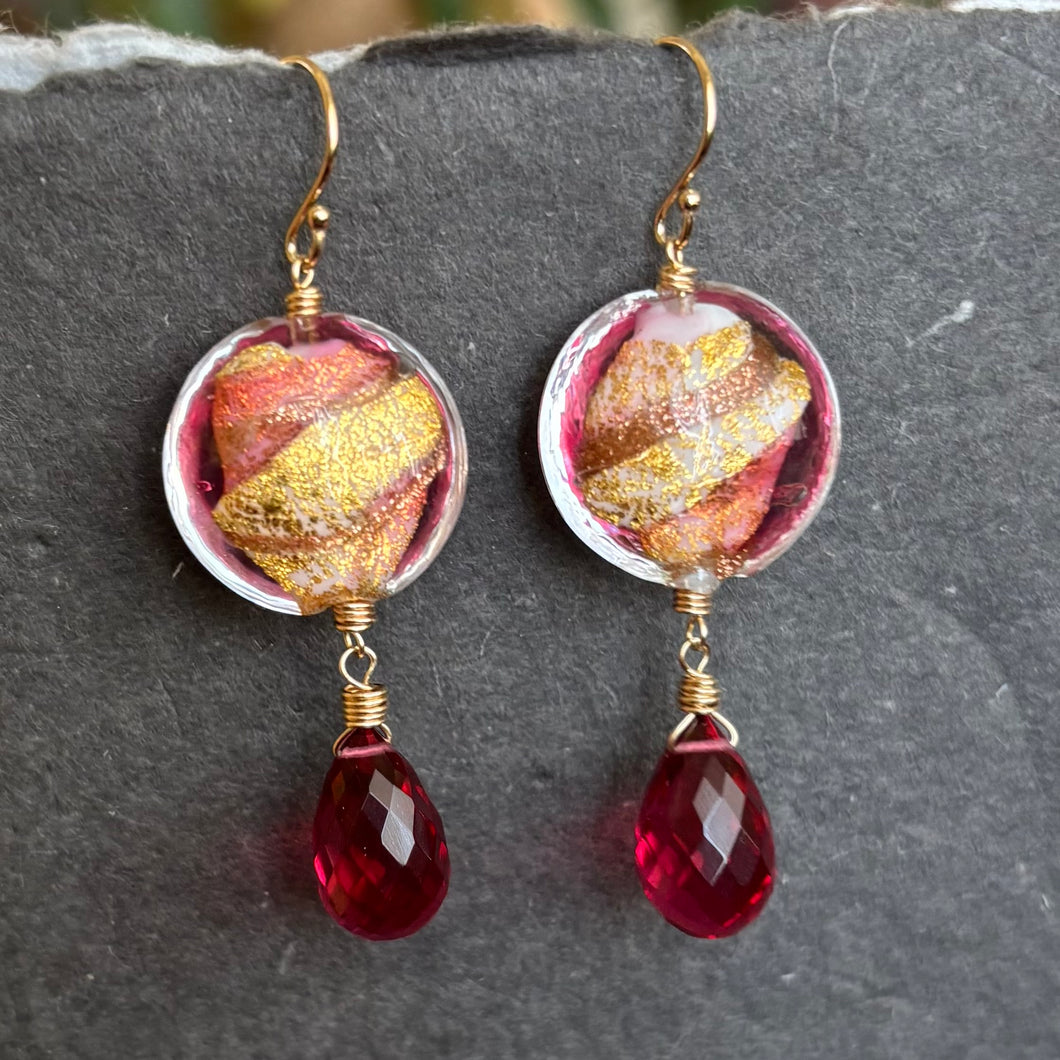 Watermelon and Gold Murano Glass and Quartz Dangle Earrings