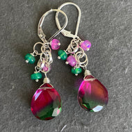 Color Lover Sapphire Pink to Emerald Green Doublet and Opal Dangle Earrings, OOAK