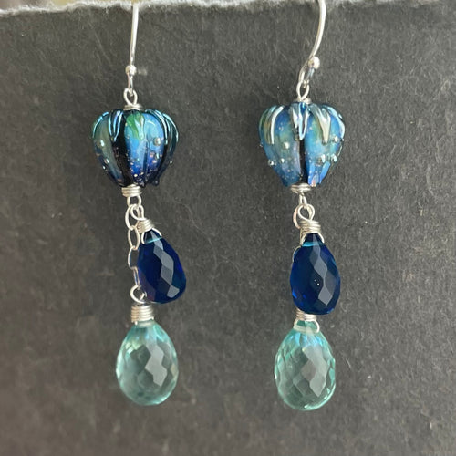 Flora European Lampwork And Quartz Dangle Earrings, Aqua and Cobalt Blue, metal and earwire options