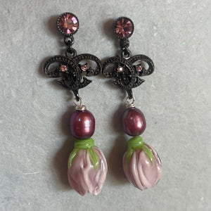 New x Vintage Combo Kunzite European Glass Flower Earrings, OOAK