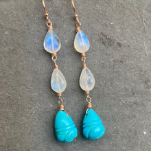 Load image into Gallery viewer, Carved Turquoise Hive and Moonstone Earrings, Rose Gold, OOAK