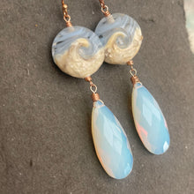 Load image into Gallery viewer, Lampwork Glass Surf Earrings, Elongated Opalite, Metal Options