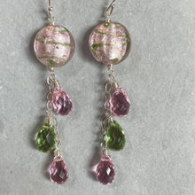 Load image into Gallery viewer, Icy Pink and Green Murano Glass and Quartz Dangle Earrings