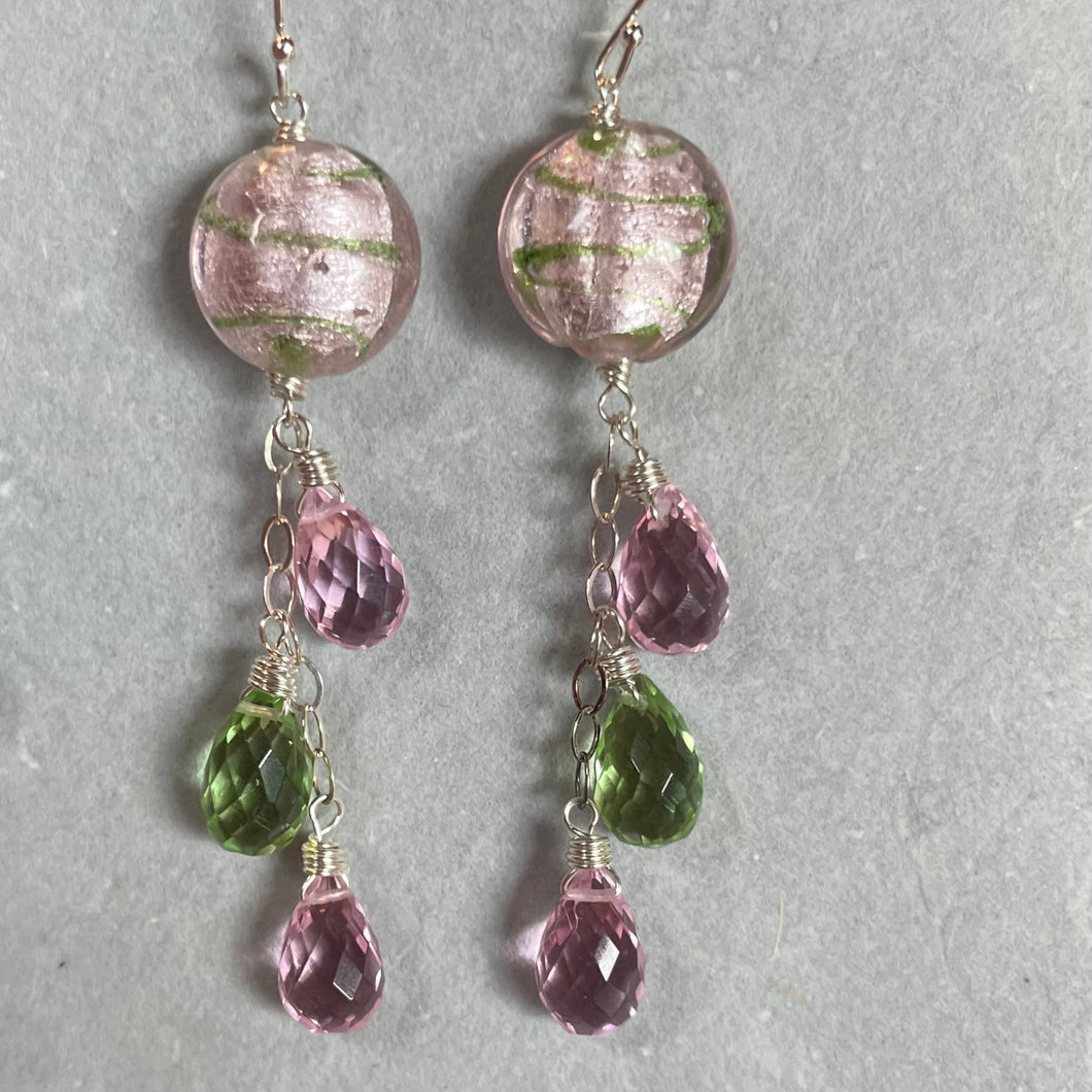 Icy Pink and Green Murano Glass and Quartz Dangle Earrings