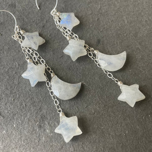 Stars and Moon Earrings, Rainbow Moonstone