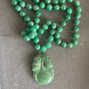 Jade Gourd with Leaves Carved Necklace, Estate Jewelry