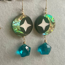 Load image into Gallery viewer, Mother of Pearl Moon and Stars Earrings, Teal Star OOAK