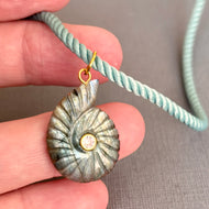Labradorite and Cubic Zirconia carved Ammonite Necklace, Light Teal Cord