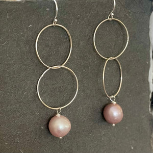 Mauve-y Pink Edison Pearl Double Hoop Earrings, Sterling Silver, OOAK
