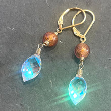 Load image into Gallery viewer, Murano Glass and Fire Rainbow Moonstone Dewdrop Dangles, metal choices