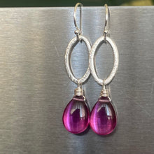 Load image into Gallery viewer, Magenta Quartz Oval Hoop Dangle Earrings