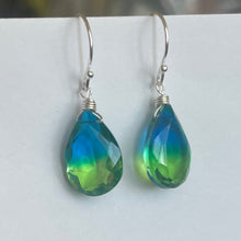 Load image into Gallery viewer, Sparkling Paraiba to Emerald PEAR cut Doublet Dangles, metal and earwire options available, Vibrant