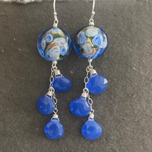 Load image into Gallery viewer, Tanzanite Blue Sweet Roses Murano Glass, Chalcedony Dangle Earrings