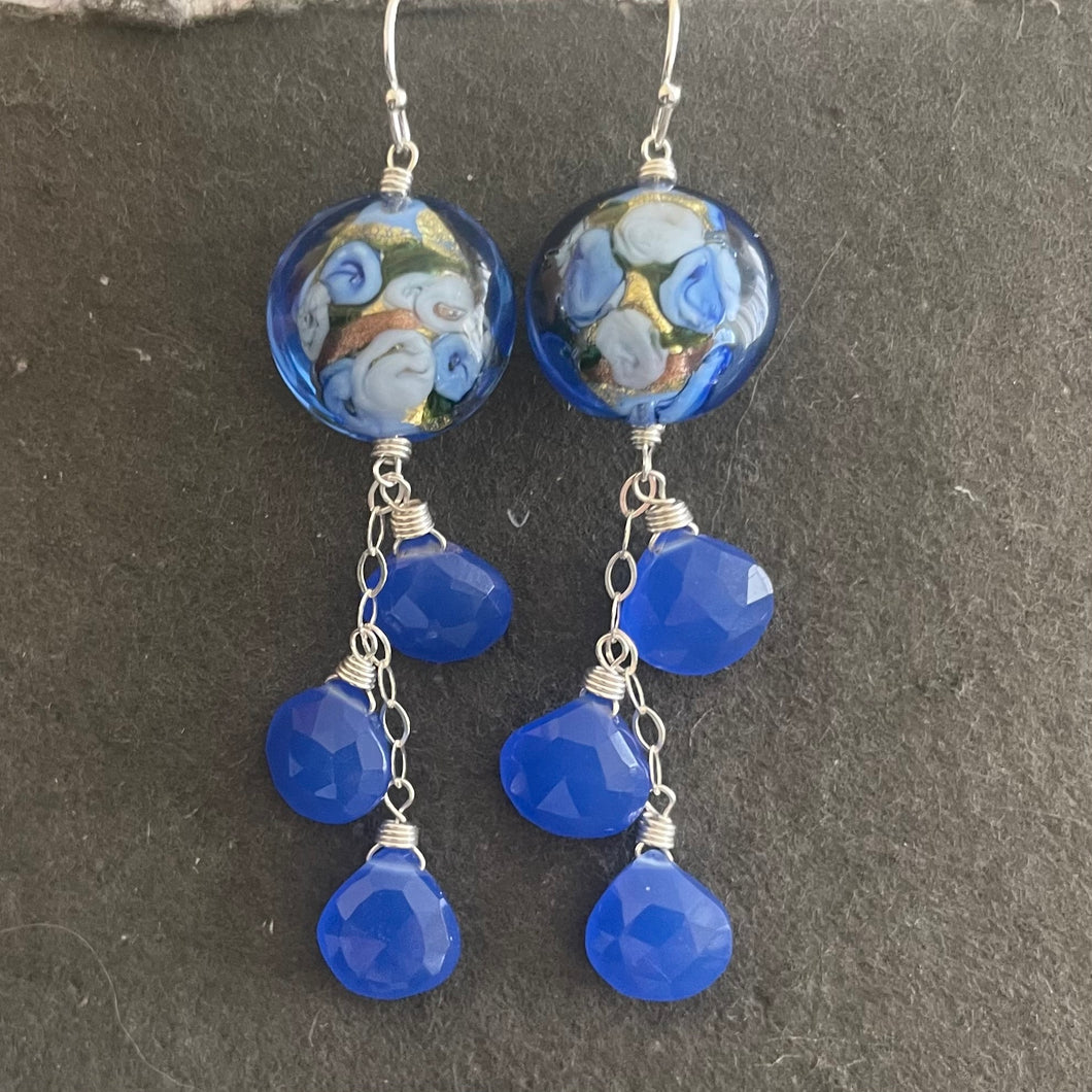 Tanzanite Blue Sweet Roses Murano Glass, Chalcedony Dangle Earrings