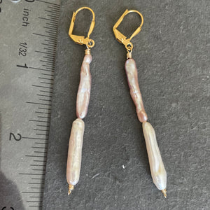 Japanese 2 Color Biwa Freshwater Pearl Dangle Earrings, OOAK