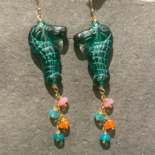 Load image into Gallery viewer, Seahorse Czech Glass and Opal Earrings, OOAK