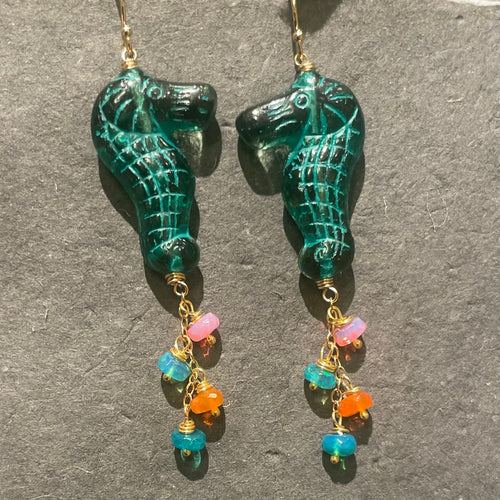 Seahorse Czech Glass and Opal Earrings, OOAK