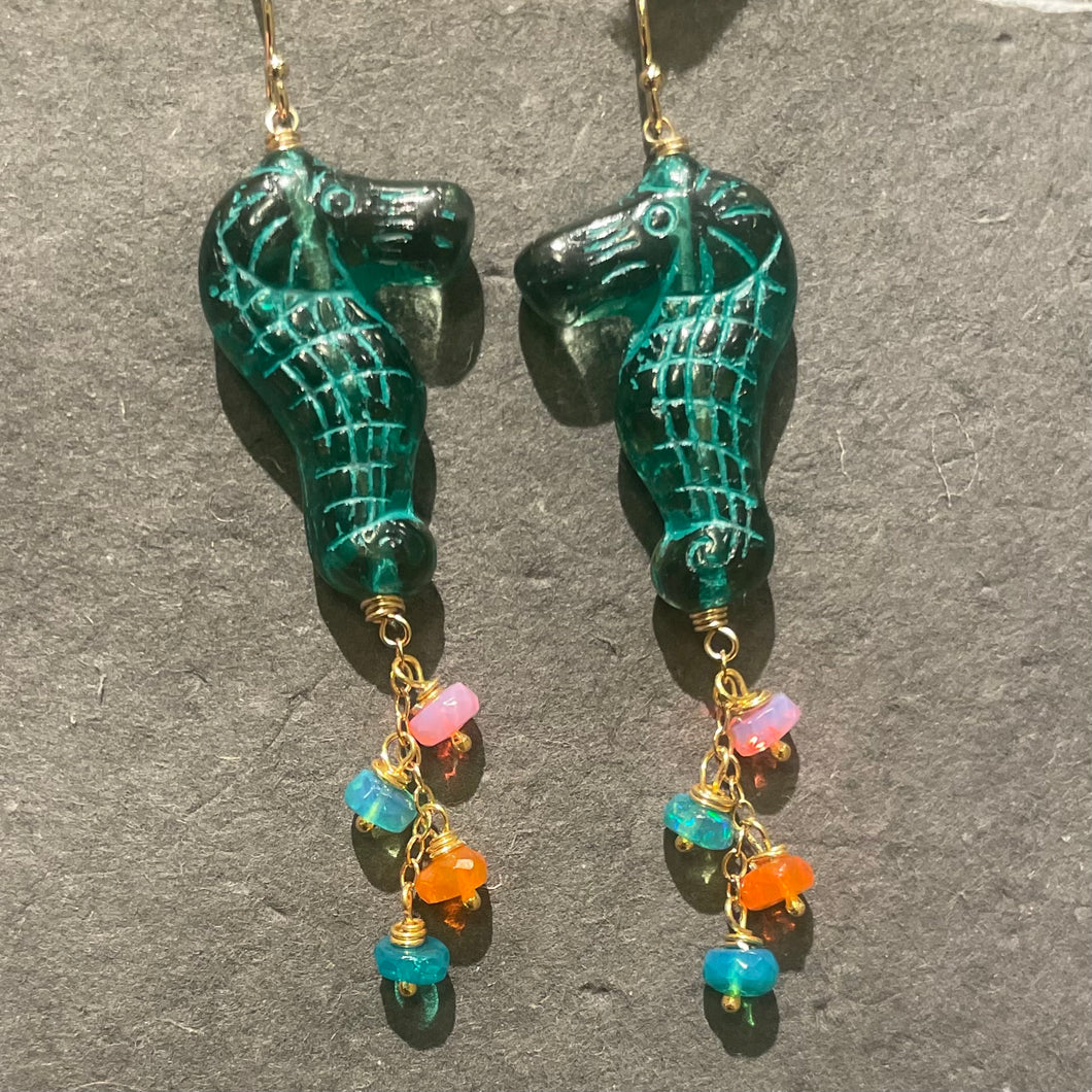 Seahorse Czech Glass and Opal Earrings, OOAK