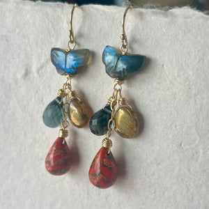 Butterfly Labradorite and Orange Turquoise Earrings,  OOAK