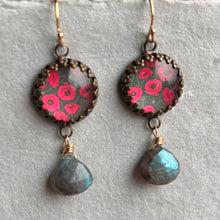 Load image into Gallery viewer, Red Poppies and Blue Flash Labradorite Earrings, OOAK