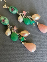Load image into Gallery viewer, Pink Opal, Vintage Glass, Pearl, Opal and Chrysoprase Cascade Earrings, OOAK