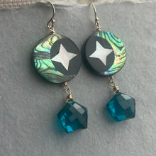 Load image into Gallery viewer, Mother of Pearl Moon and Stars Earrings, Teal Star OOAK