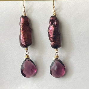 Biwa Plum Pearl and Quartz Earrings, OOAK