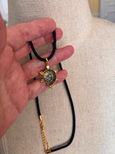 Load image into Gallery viewer, Labradorite carved Ammonite Necklace, Bubble Bezel, Navy Cord