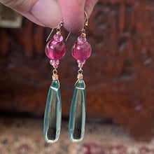 Load image into Gallery viewer, Cranberry and Aquamarine Elongated Teardrop Dangle Earrings, 14k Rose Gold Filled, #2