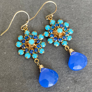 Turquoise Crystal and Sapphire Chalcedony Floral Dangle Earrings