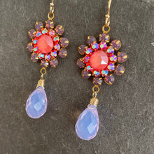 Load image into Gallery viewer, Lavender Opal, Coral Pink and Lavender Quartz Floral Teardrop Earrings