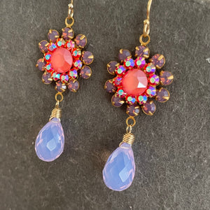 Lavender Opal, Coral Pink and Lavender Quartz Floral Teardrop Earrings