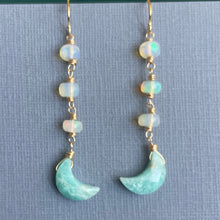 Load image into Gallery viewer, Amazonite Moon and Opal Earrings, OOAK