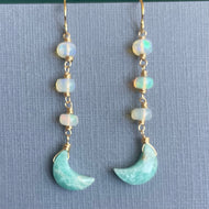 Amazonite Moon and Opal Earrings, OOAK
