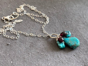 Natural Turquoise and Rhodolite Garnet Cluster Necklace, OOAK