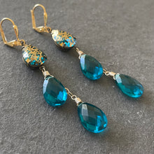 Load image into Gallery viewer, Teal Blue Pear and Gold Patina Antiqued Cascade Earrings
