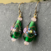 Load image into Gallery viewer, Vintage Wedding Cake Emerald Green Teardrop Earrings, Metal Options