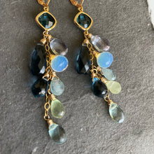 Load image into Gallery viewer, London Blue Quartz, Aquamarine, Opalite, Prehnite Cascade Cluster Earrings