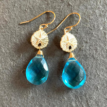 Load image into Gallery viewer, Gold and Topaz Quartz Sand Dollar Paraiba Blue Quartz Dangle Earrings