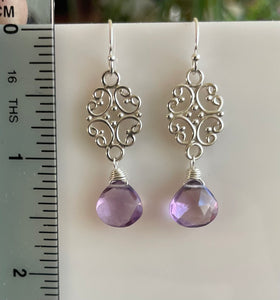 Pink Amethyst Scroll Dangle Earrings - Light Lavender Color