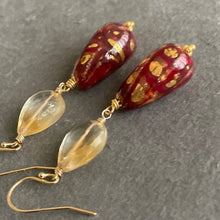 Load image into Gallery viewer, Citrine and Crimson oh la la Teardrop Murano Glass Dangle Earrings