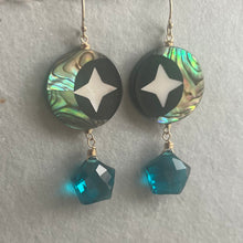 Load image into Gallery viewer, Mother of Pearl Moon and Stars Earrings, Teal Star OOAK
