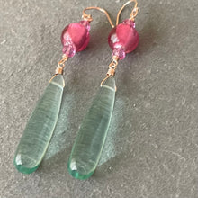 Load image into Gallery viewer, Cranberry and Aquamarine Elongated Teardrop Dangle Earrings, 14k Rose Gold Filled, #2